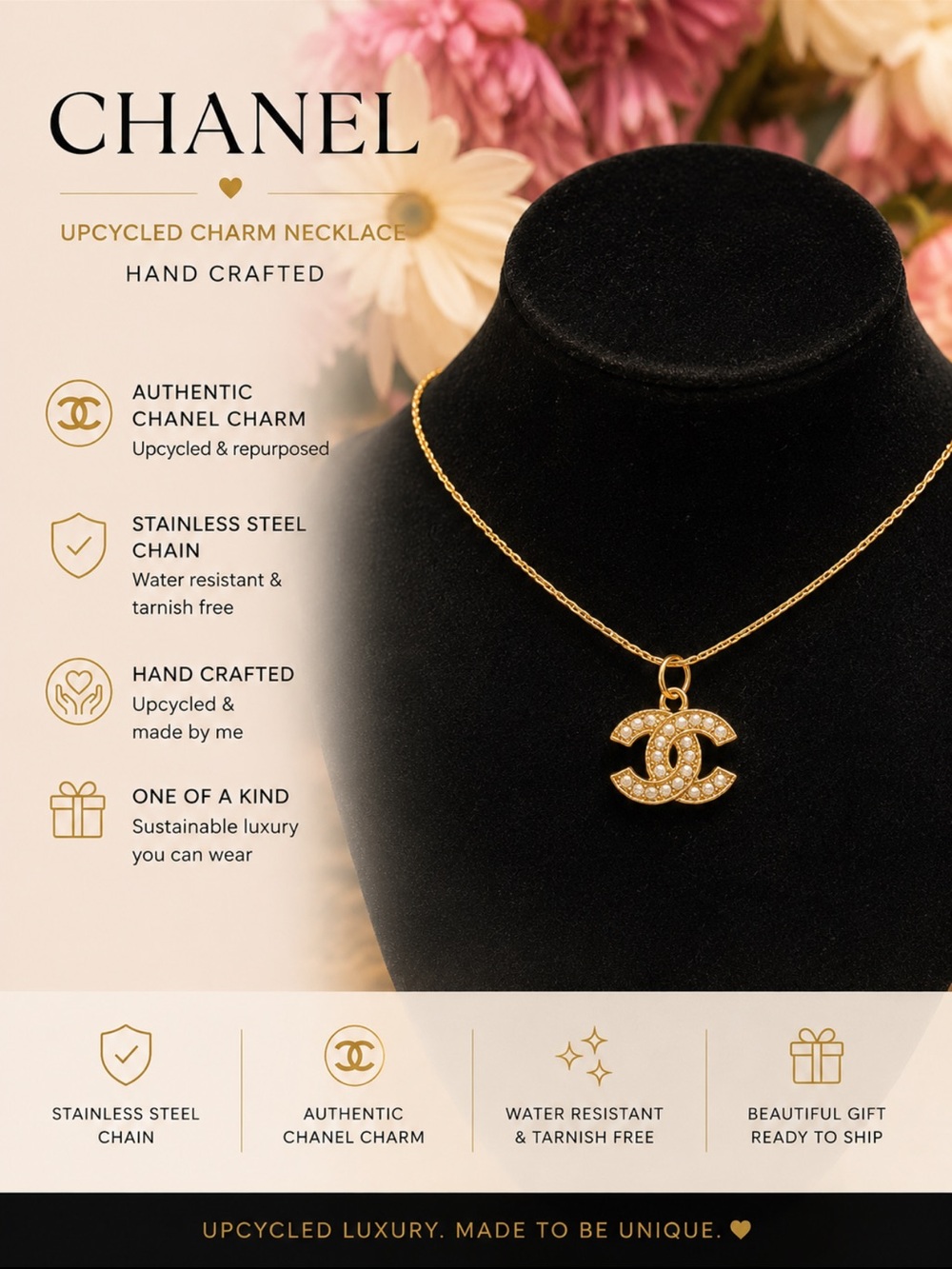 CC pearl charm on stainless steel Necklace